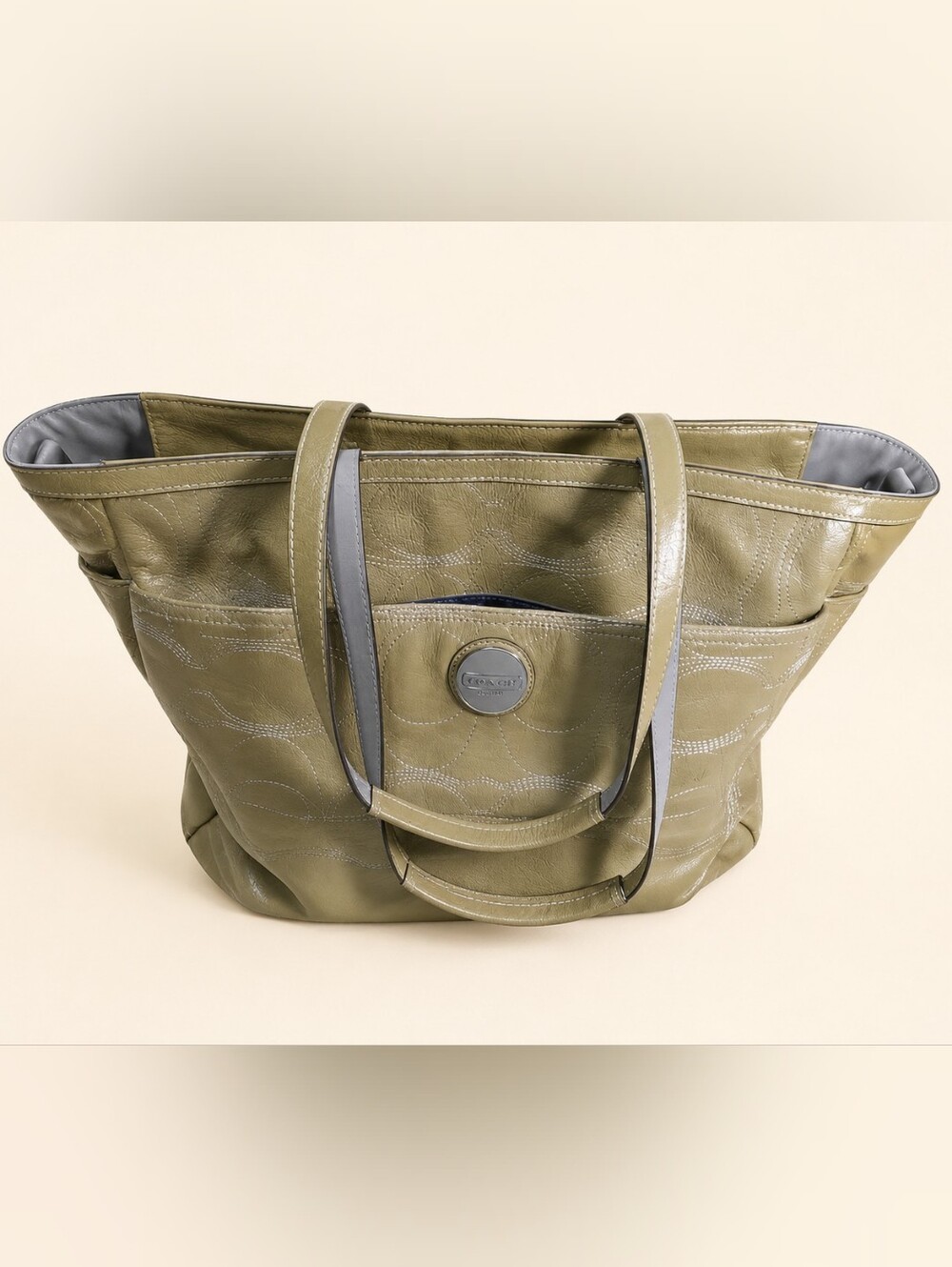 Coach Signature Green Patent Leather Baby Diaper Tote Shoulder Bag Purse F17940